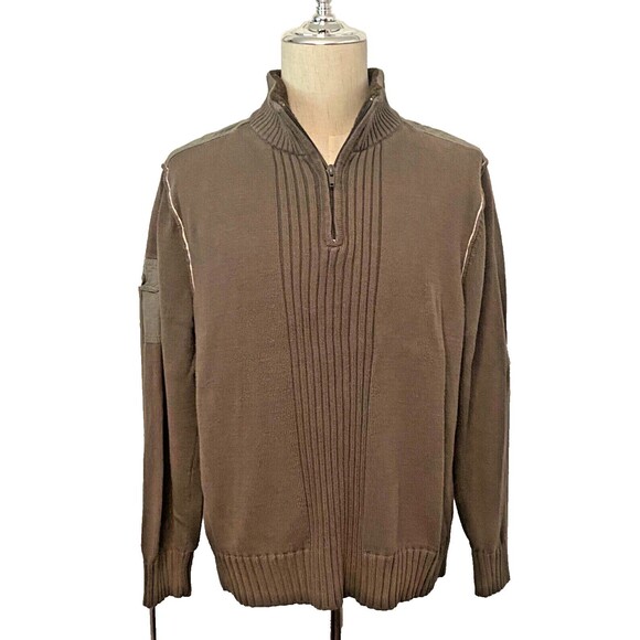 Solaris Men's XL 1/4 Zip Sweater Green Brown Sherpa Fleece Cotton Knit Raw Hem - Picture 1 of 11